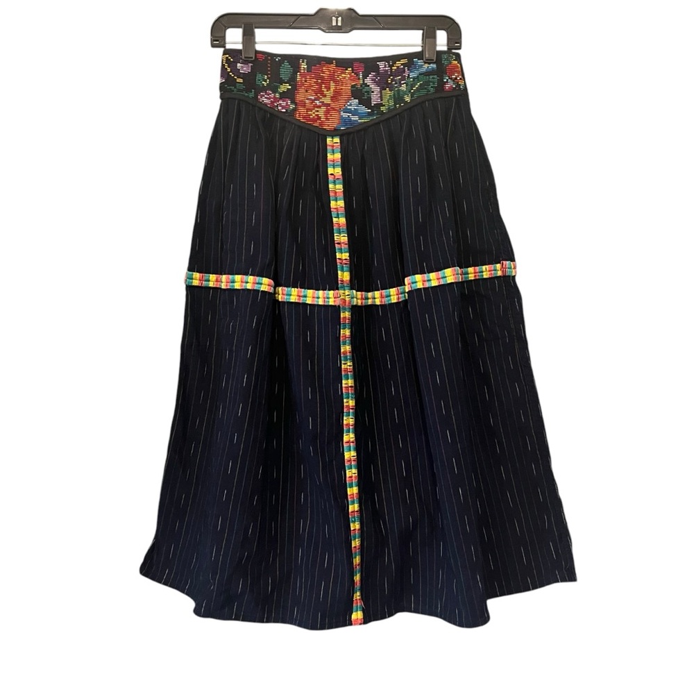 Unique Vintage Cotton Tapestry Waist Midi Skirt, Dark Navy